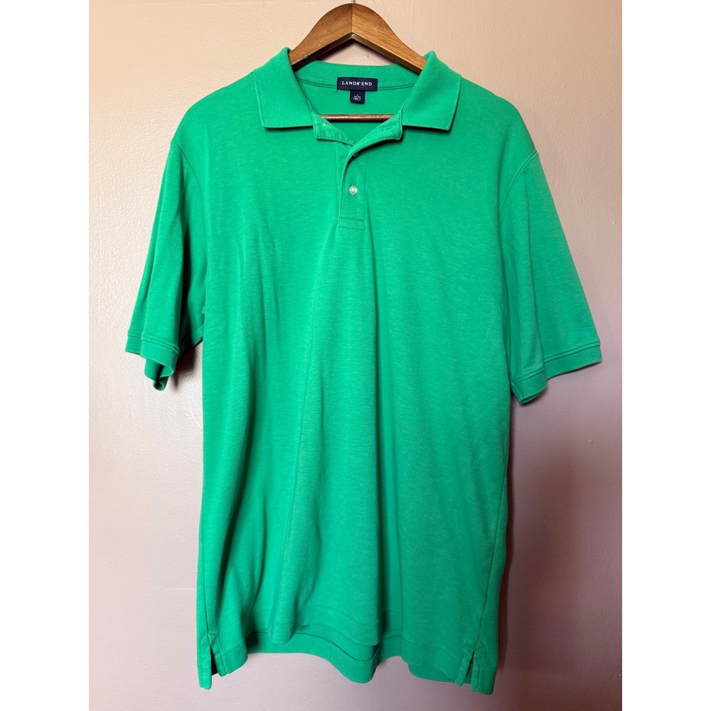 Lands End Mens L Green Short Sleeve Polo Shirt 100% Cotton Classic Fit Casual
